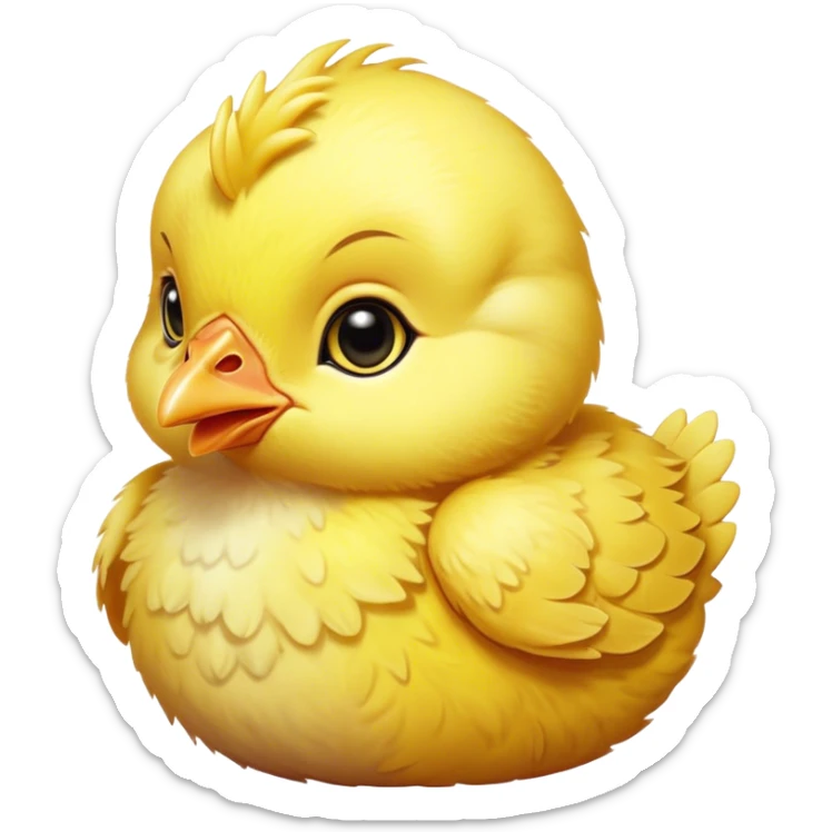 Cinematic Noble Yellow Baby Chicken Portrait Emoji, Poised and regal, with a tiny, fluffy build and a vibrant, well-groomed bright yellow downy coat, deep-set soulful beady eyes, Simplified yet sharp and sophisticated features, highly detailed, glowing with a soft, dignified glow, high shine, intelligent and charming, stylized with an air of youthful elegance, focused and attentive, soft glowing outline, capturing the essence of a watchful and confident little chick, so majestic it feels as though it could peep out of the screen with effortless authority! sticker