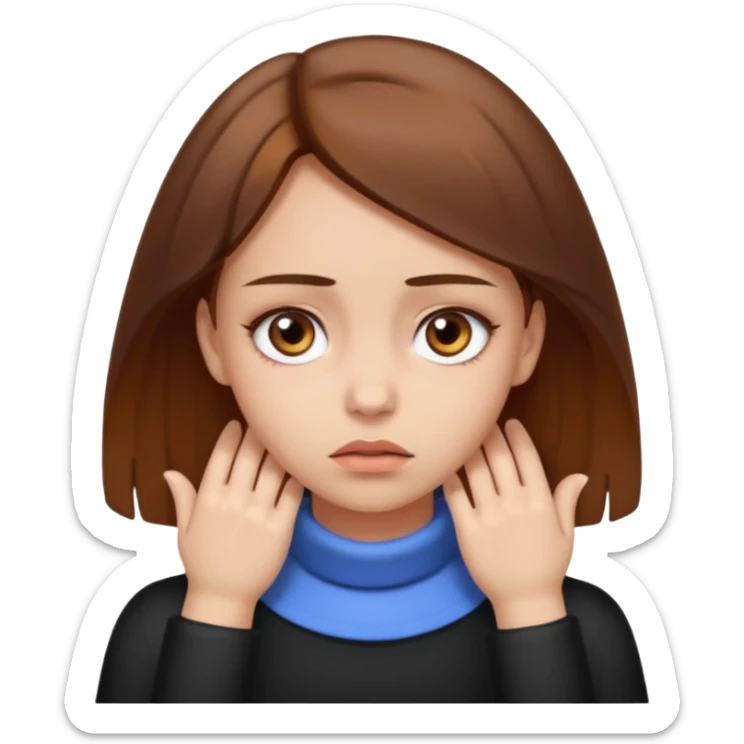 Girl with brown hair and central heterochromia , skin tone light, with her hands on her neck and is annoyed￼  sticker