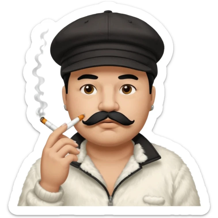 a fat father with white fur, black hair, a hip hop cap, a tattoo with a cigarette in his mouth, and a mustache. sticker