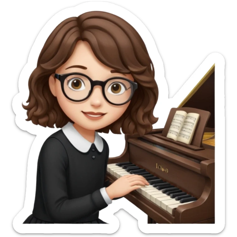 girl brown hair wavy. round glasses eye. playing piano sticker