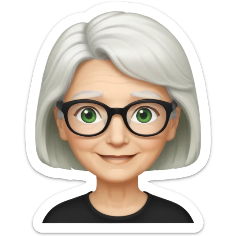 White hair grandma, green eyes, hair to shoulder, lokeg black glasses, rectangles face, smile , sticker
