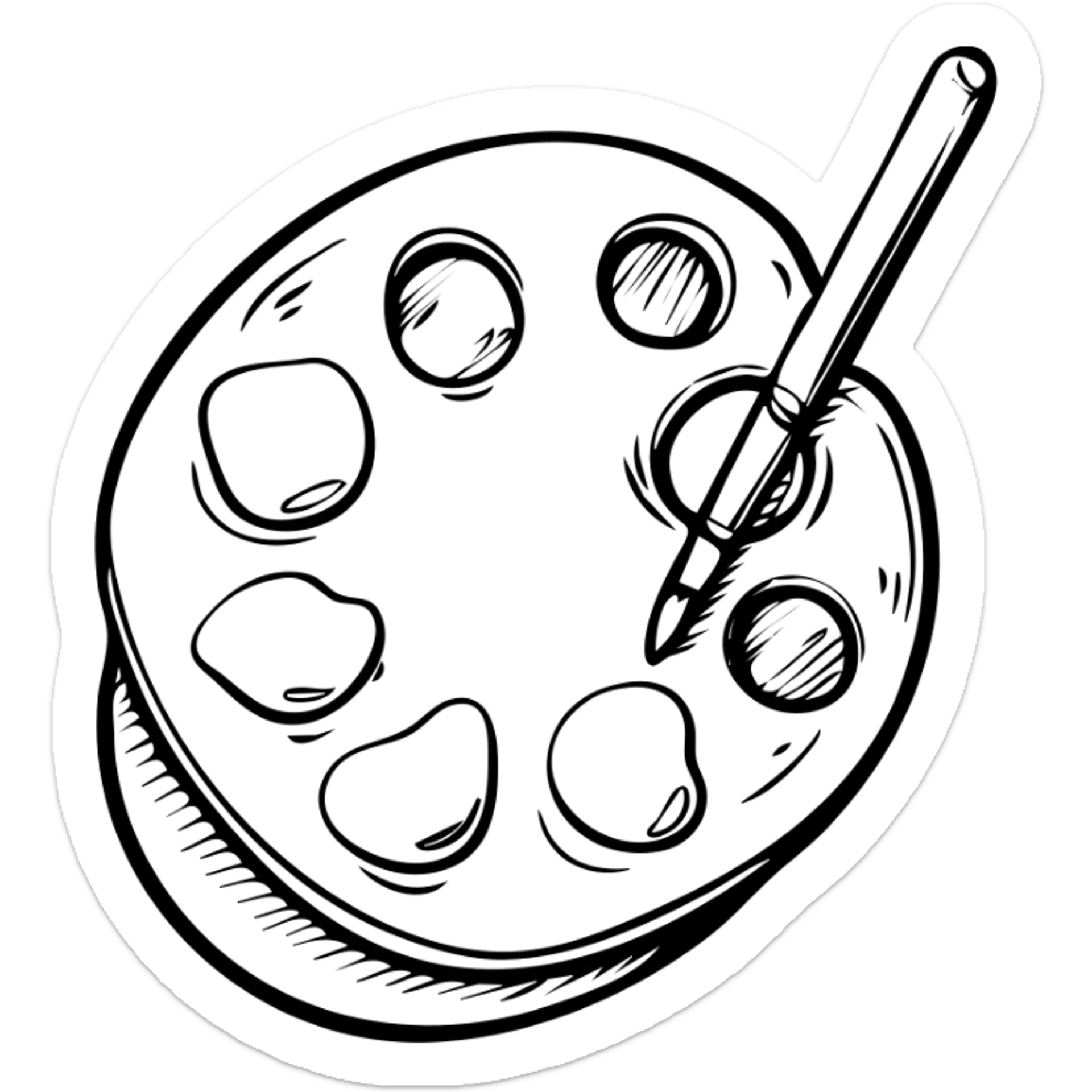 Detailed artist's palette with colorful paint blobs, palette holes, and paintbrushes nearby. Detailed hand-drawn icon style. sticker