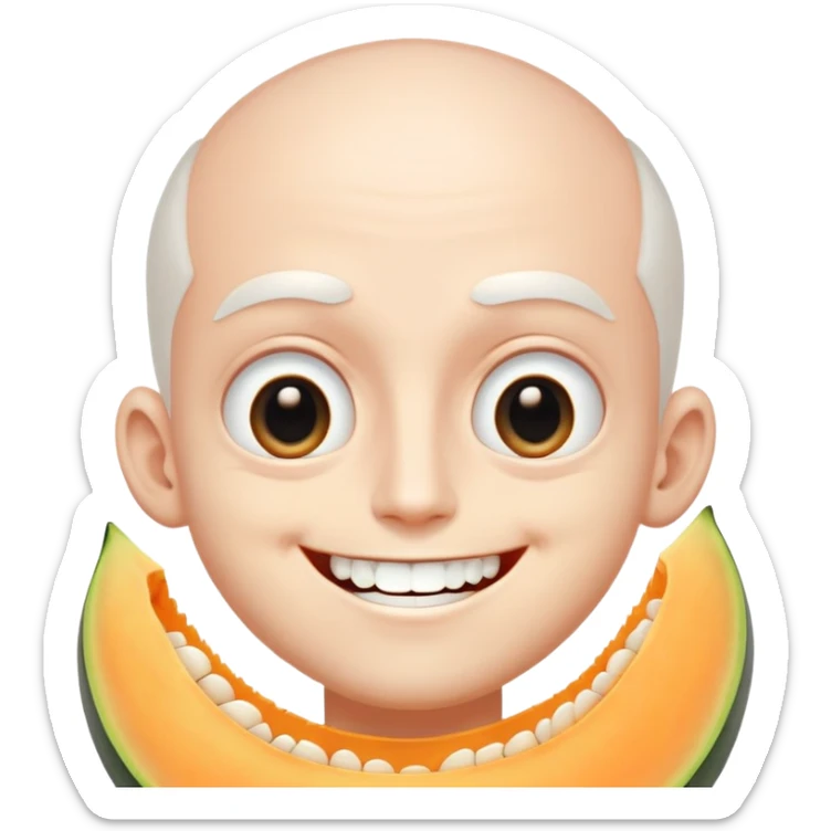 Super idol smiling but with only his upper teeth out and he is very white and he has completely white pupils and the irises are pitch black and his eyes are so big they cover his eyelids and super idol is extremely white and the background is a very whitish cantaloupe color sticker