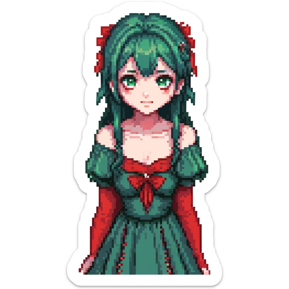 girl with dark green hair, red eyes, and a red dress sticker
