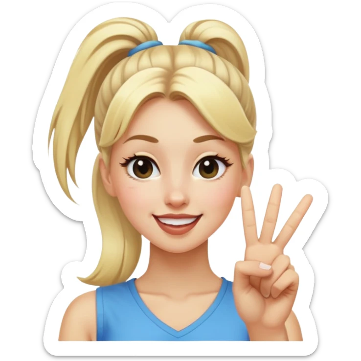 blonde girl with high pony tail hair, winking and making peace sign sticker