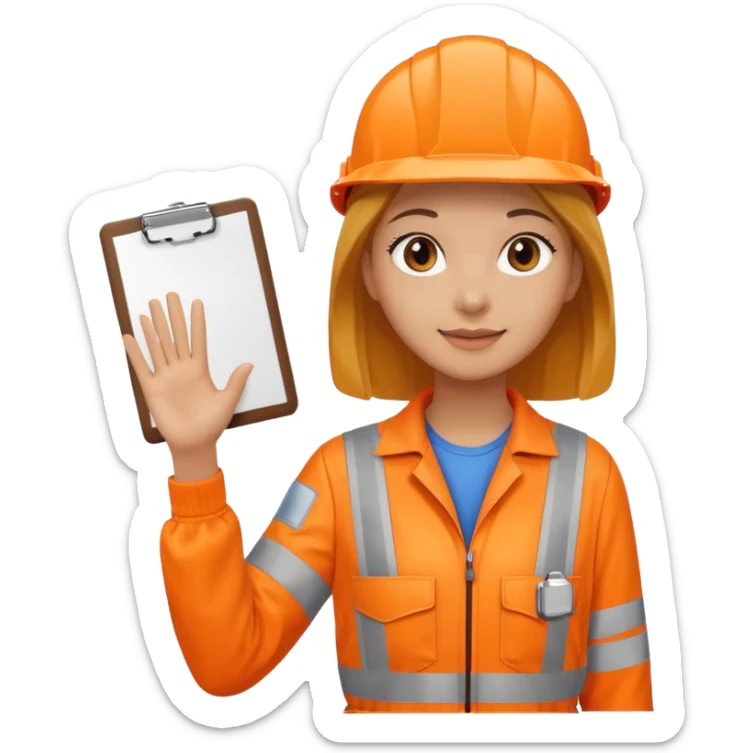 woman in orange hi vis overalls waving holding a clipboard sticker