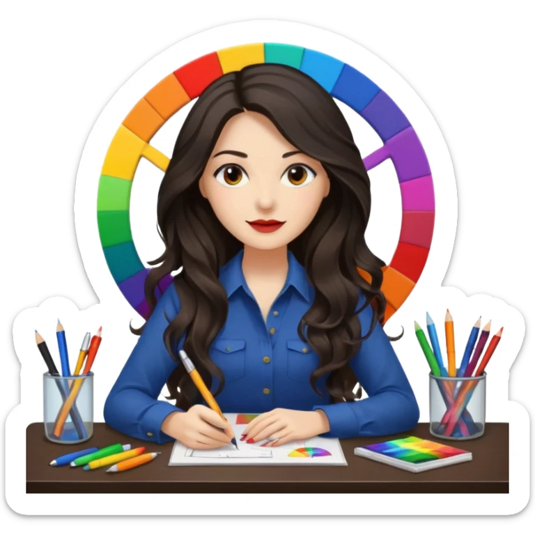 female dark wavy long hair graphic designer , color wheel, pens, papers , desktop sticker