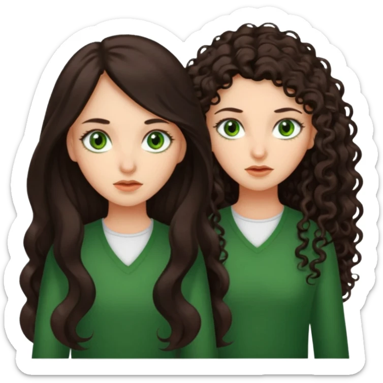 Two scornful girls, 1: long ironed straight darkbrown hair, green eyes, 2: long curly darkbrown hair, brown eyes sticker