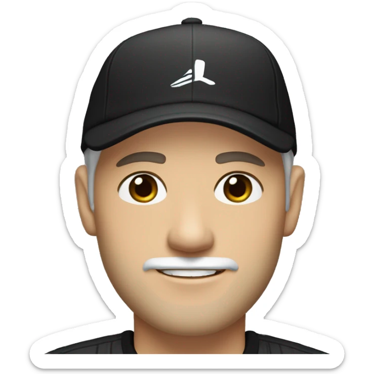 An adult white skin portrait of male with stubble and a slightly gray beard, brown hair, black eyes, wearing a black Reebok cap with a round emblem on his head, and a black sweater with three white stripes on the sleeves underneath. sticker