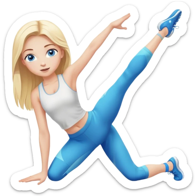 Blonde girl with blue eyes in gym leggings stretching with legs open sticker