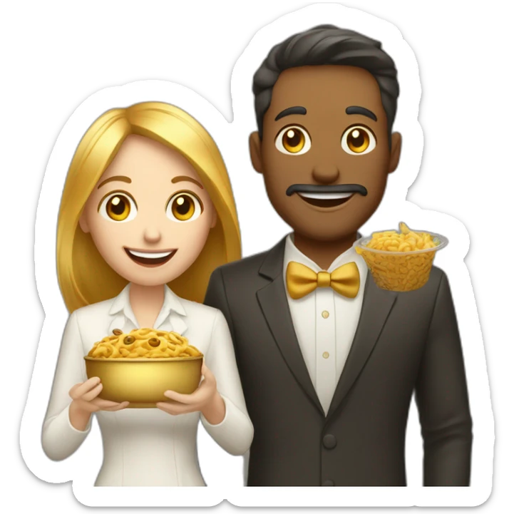 golden modern man and woman friends with camera in one hand and food in other hand, happy smiling sticker