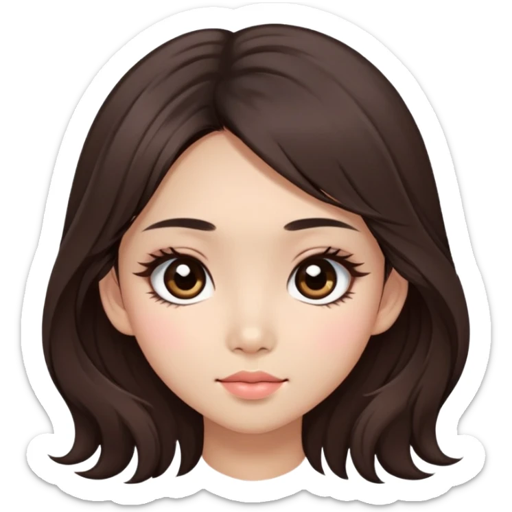 Asian girl with long shaggy brown hair, big dark eyes. long lower lashes, cheekbones with blush. dimples. sticker