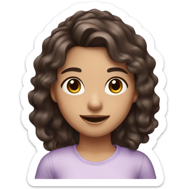 girl with mid to long dark brown wavy hair, dark brown eyes, cute smile and lilac shirt  sticker