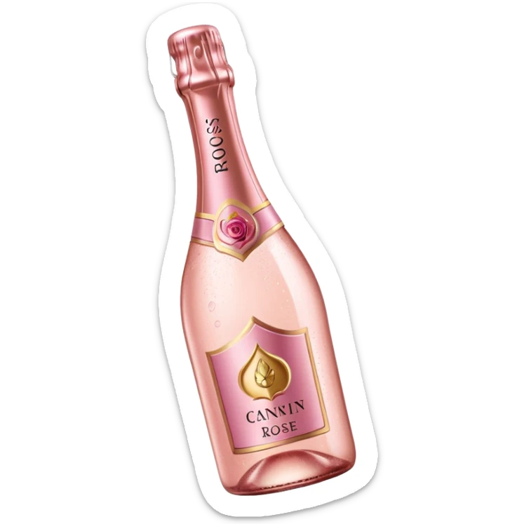 bottle of sparkling rosé with a rose logo on the label, tilted up and to the left, no glass sticker