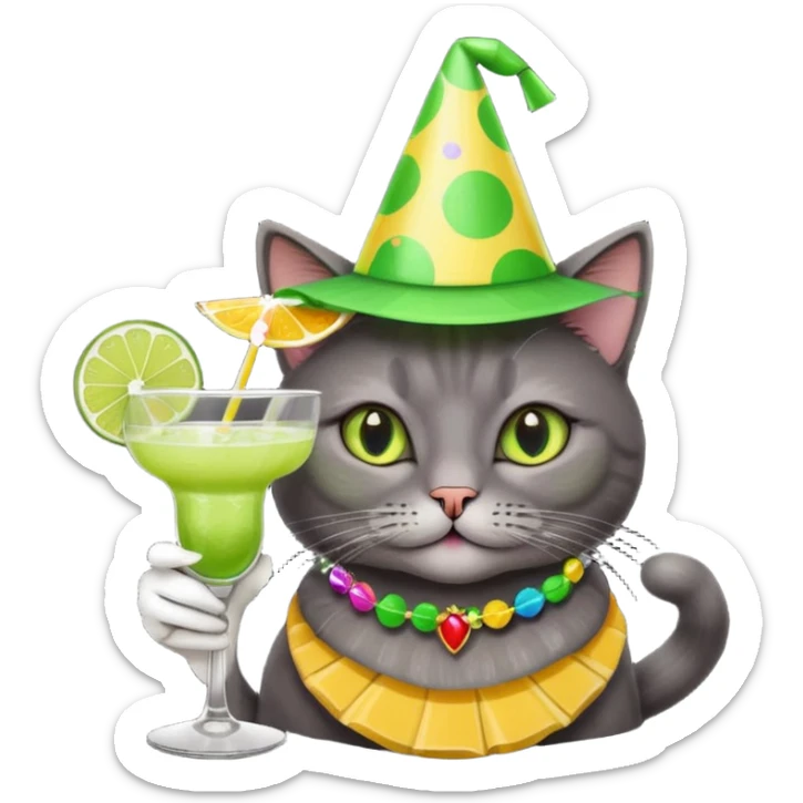 An old, dark grey cat is wearing a party hat, and drinking a margarita. sticker