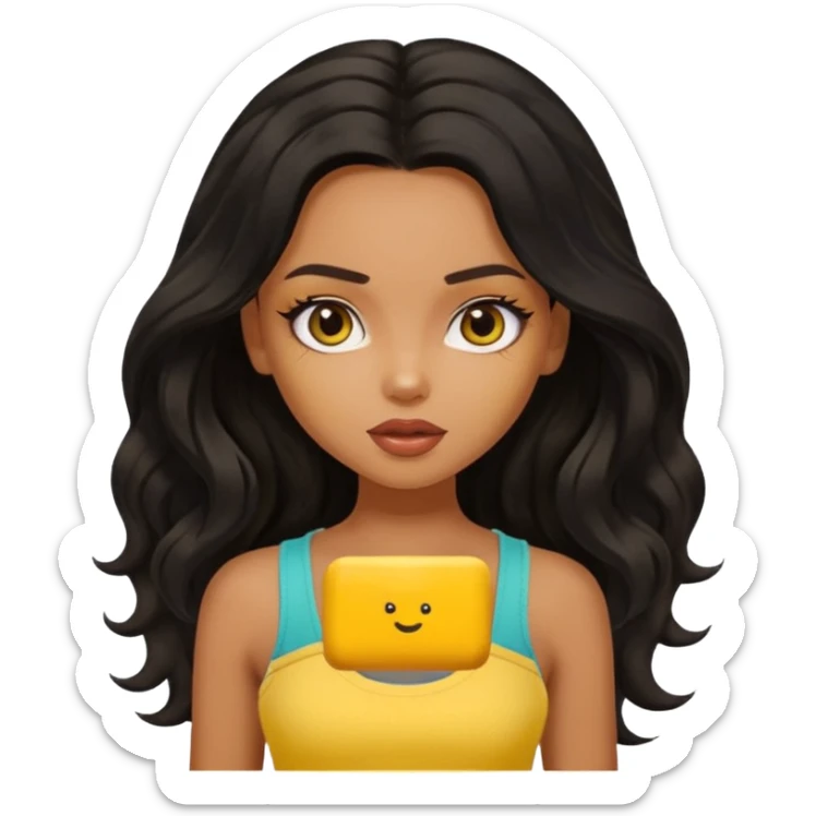 a pretty bratz light dusky girl with long wavy black hair in a yellow tank top sticker