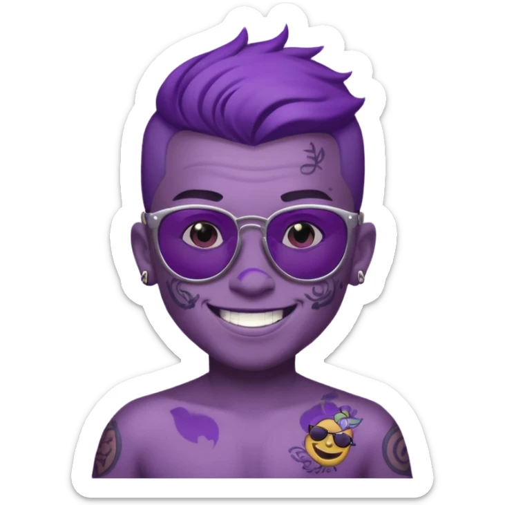 a boy with purple skin and sunglasses that has a tattoo on his forehead that says “gu4nto” sticker