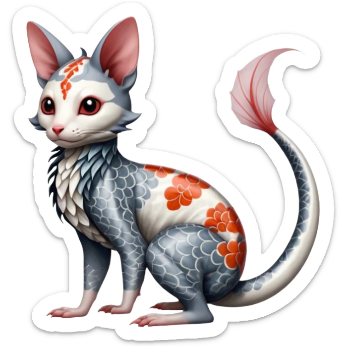 Edgy badass swimmy wet painted intricate ornate Japanese Asian koi-Minccino-Lykoi-Emolga-Sphynx-Linoone-Zangoose-fusion-hybrid-animal-Fakémon-creature, full body, thin long sleek scaly tail, intricate markings sticker