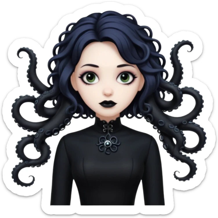 goth lady with tentacles, pale skin, black dress, dark makeup, tentacles as hair sticker