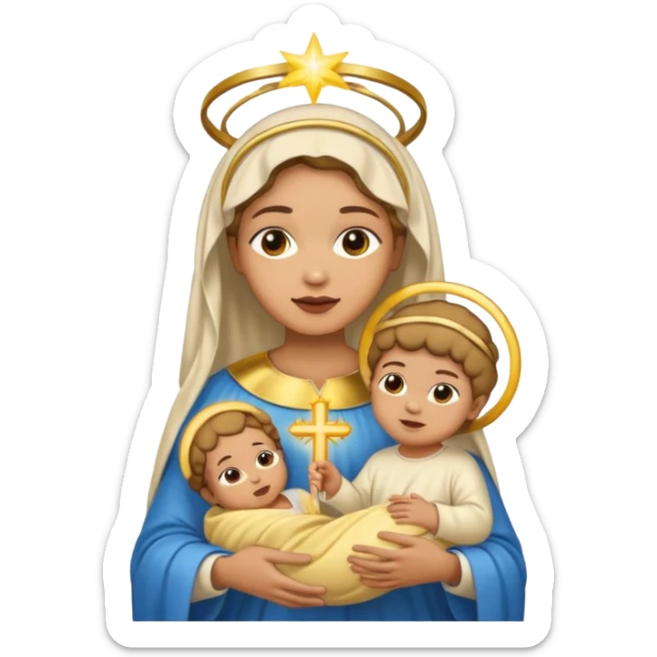 light skin Mary and light skin baby Jesus with halos, emoji style sticker