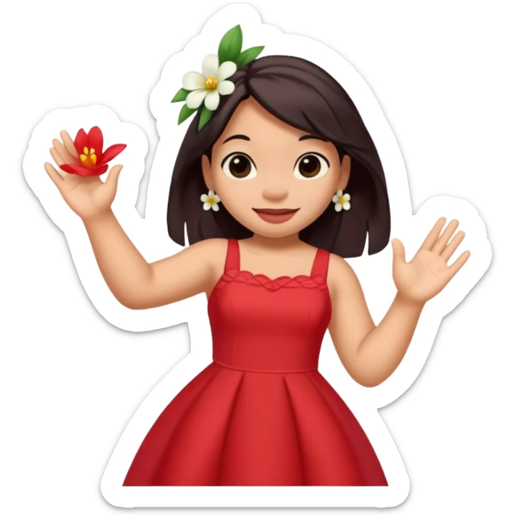 Lilo from Lilo & Stitch waving, wearing a red dress with white flowers, apple style emoji sticker