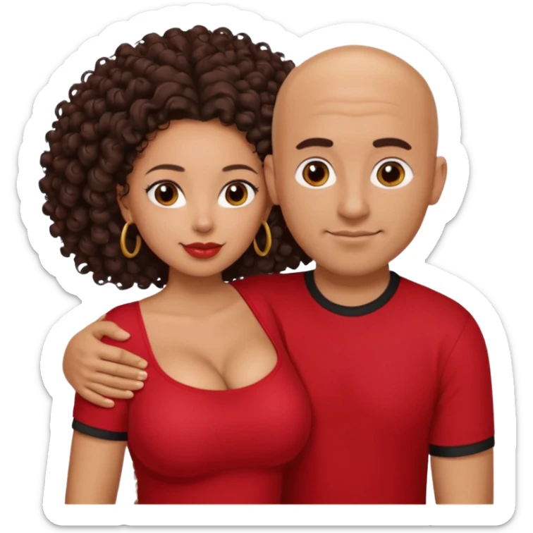 A picture of a tanned couple embracing. the guy is Mexican, with a bald hair cut and he is wearing a red shirt. the girl is mixed, the girl is wearing a black shirt, the girl has brown curly big hair and with big boobs  sticker