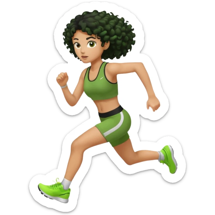 a woman with olive skin tone and curly black hair wearing green and running fast sticker