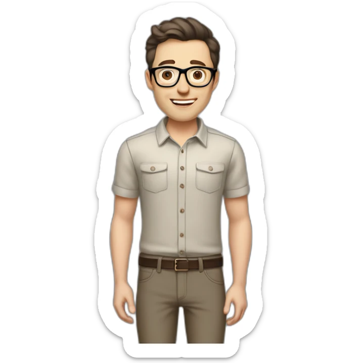 Joyful Full height Pale skinned Fit Man With dark brown hair in gray jacket, beige office shirt, Brown pants and vintage glasses. His thrumbs up sticker