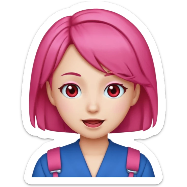 Teto Kasane emoji, apple style, pink twin-drill hair, red eyes, blue outfit, winking sticker