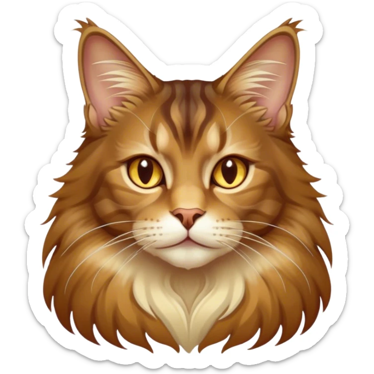 Cinematic Maine Coon Cat Portrait Emoji, Elegant and alert, sleek brown, gold, and cream tones, Simplified yet sharp features, highly detailed, glowing with a warm, confident glow, high shine, intelligent and poised, stylized with an air of grace, focused and attentive, soft glowing outline, capturing the essence of strength and grace, so lifelike it feels as though it could spring into motion with its majestic tail swishing at any moment! sticker
