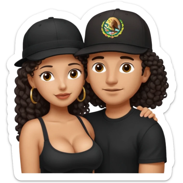 A picture of an embracing tanned couple. the man is a Mexican man with tanned skin, with a bald hair cut wearing a SnapBack hat and a black shirt. the woman is shorter, with long curly dark brown hair and with big boobs   sticker