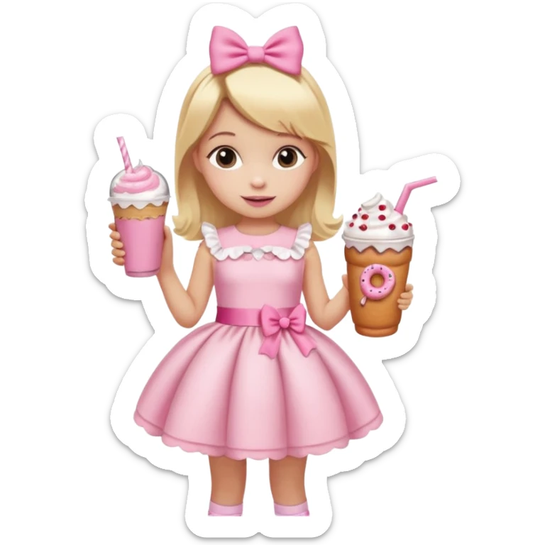 A little girl with a Dunkin' milkshake and a donut with pink frosting and marshmallows, wearing a pink coquette-style dress with bows and blonde hair. sticker