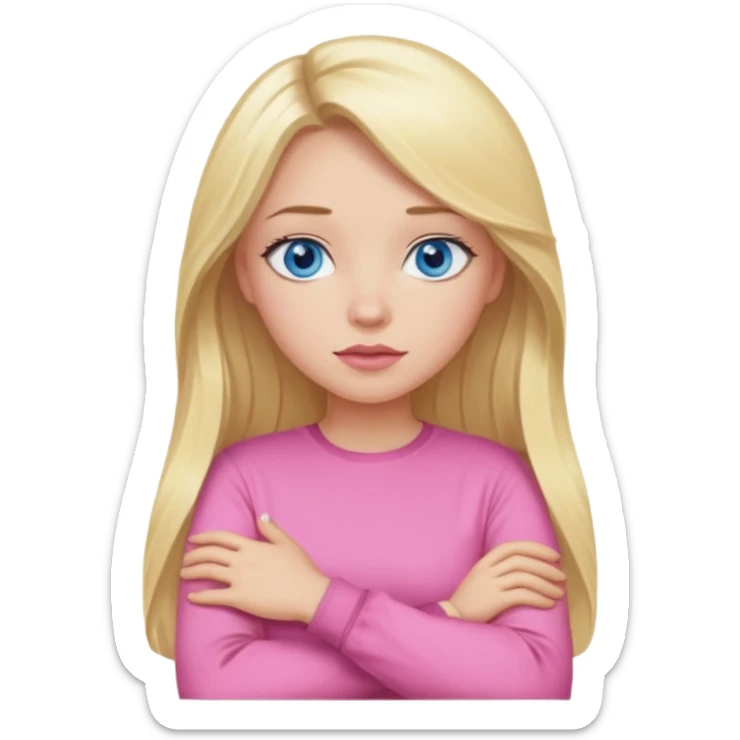 A girl with blue eyes, full lips and blonde long hair in a pink blouse shows no with her hands, crossing them sticker
