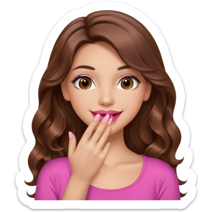 girl with long wavy brown hair, brown eyes, long lashes makeup, sexy pink lips, light to medium complexion, pink sexy top, smiling, hand covering  sticker