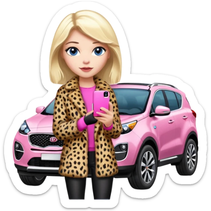 a blondie queen Arina in a leopard fur and pink iPhone 16 on her kia Sportage white car. blue eyes sticker
