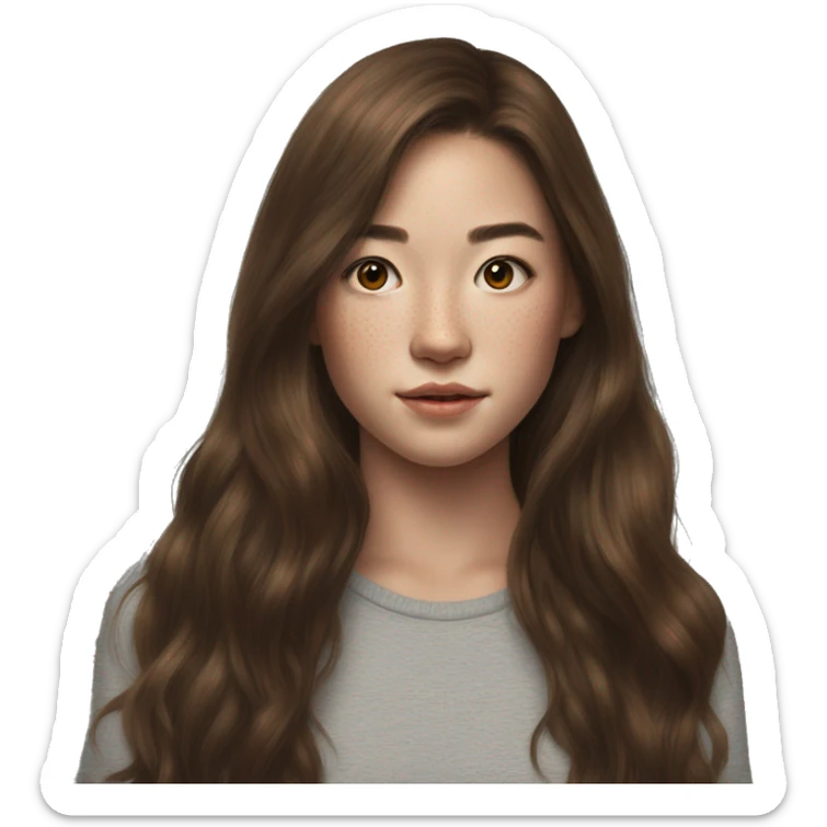 Megan Nakata long brown hair teenager, freckles, hyperreal, photoreal portrait sticker