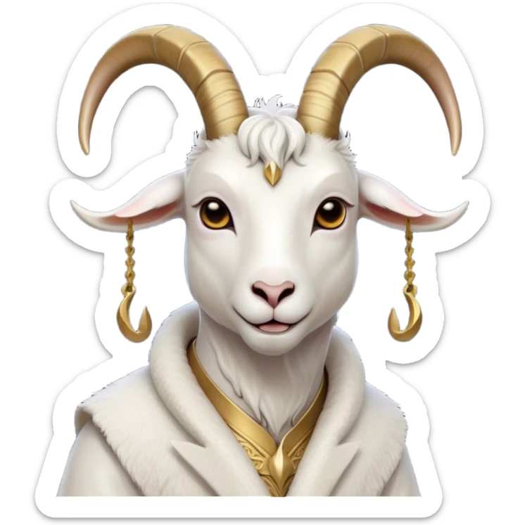 Cinematic Noble White Goat Portrait Emoji, Poised and regal, with a sturdy, agile build and a pristine, smooth white coat accented by gracefully curved horns, deep-set soulful dark eyes, Simplified yet sharp and sophisticated features, highly detailed, glowing with a soft, dignified glow, high shine, intelligent and spirited, stylized with an air of pastoral elegance, focused and attentive, soft glowing outline, capturing the essence of a watchful and confident goat, so majestic it feels as though it could leap out of the screen with effortless authority! sticker