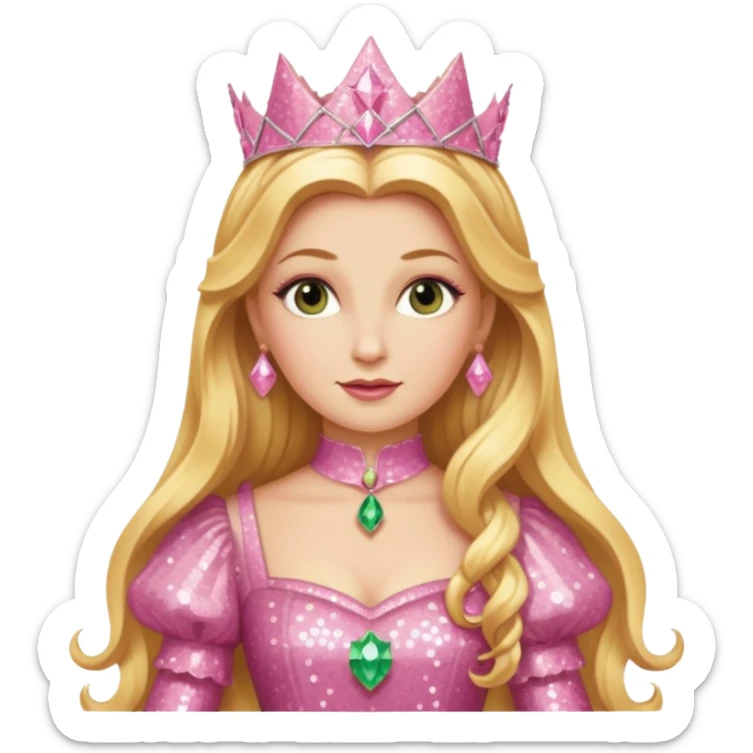 Glinda from The Wizard of Oz with long golden blonde hair, pink sequin outfit sticker