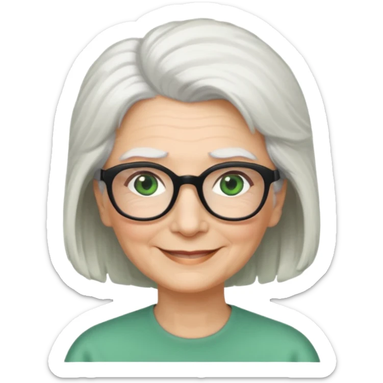White hair grandma, green eyes, hair to shoulder, lokeg black glasses, rectangles face, smile , sticker