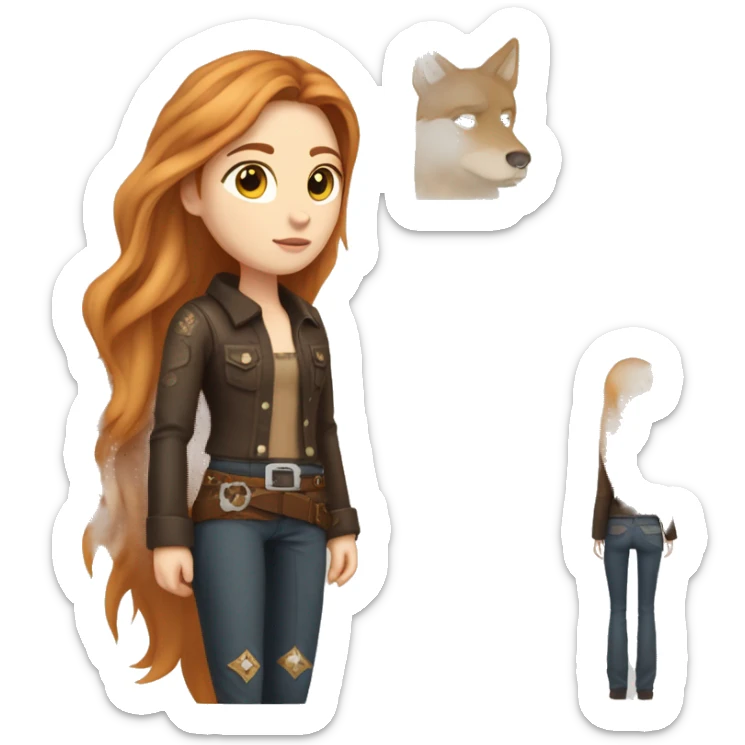 White fair skin, long hair, woman, feminine, straight hair in a wolf haircut, ginger coloured hair, beautiful, British, stylist, aesthetic, side and bangs, sensual looking, full body, complete body figure,slim, she’s wearing a cowboy outfit sticker