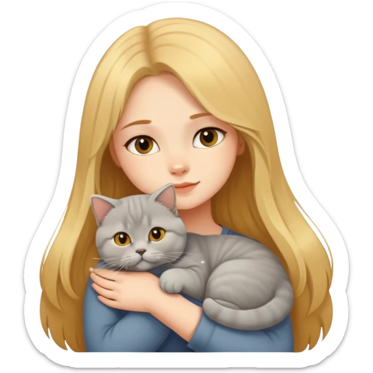 A long-haired girl hugs a gorgeous golden shaded British Shorthair." sticker