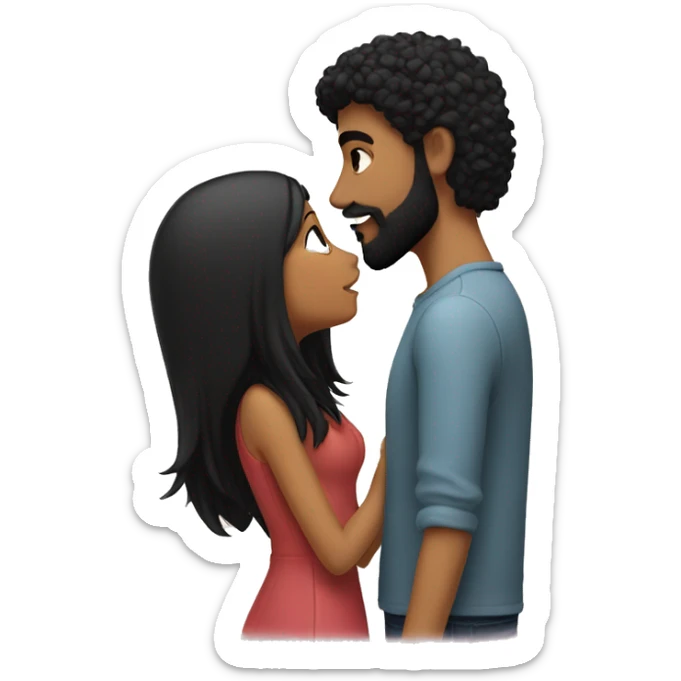 A girl with black hair kisses a guy with a black beard sticker