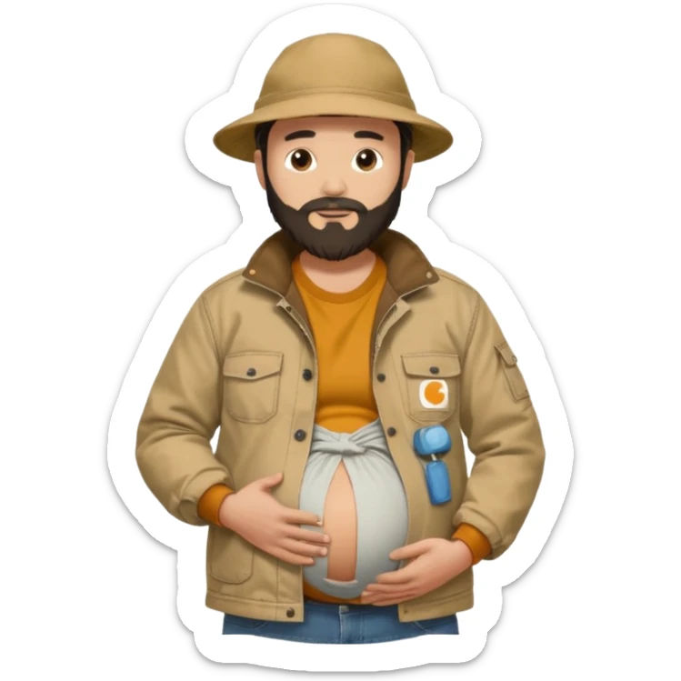 Bearded man rubbing pregnant belly poking out of shirt wearing a tan canvas carhartt jacket with  chinese hat on sticker