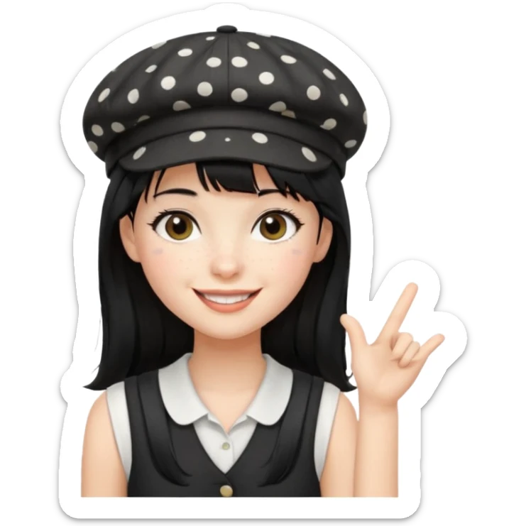 pinterst girl with heavy bang, black long strait hair and black pica dot newsboy cap on her hat, wearing white sleeveless  sticker