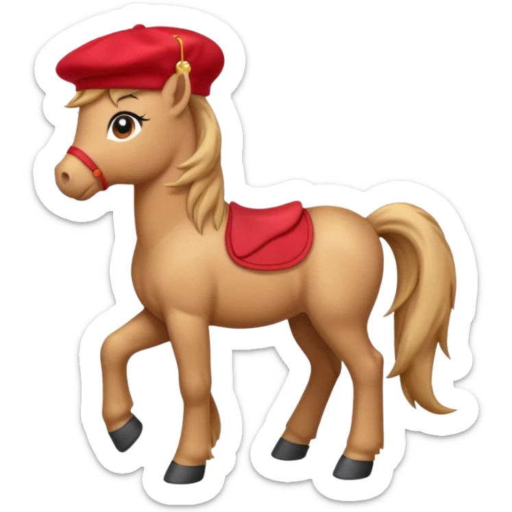 Adorable cartoon pony (small horse) emoji, full body, standing in profile view facing sideways. It has big, sparkling eyes and a friendly smile. It is wearing a cute red beret tilted to one side.  sticker
