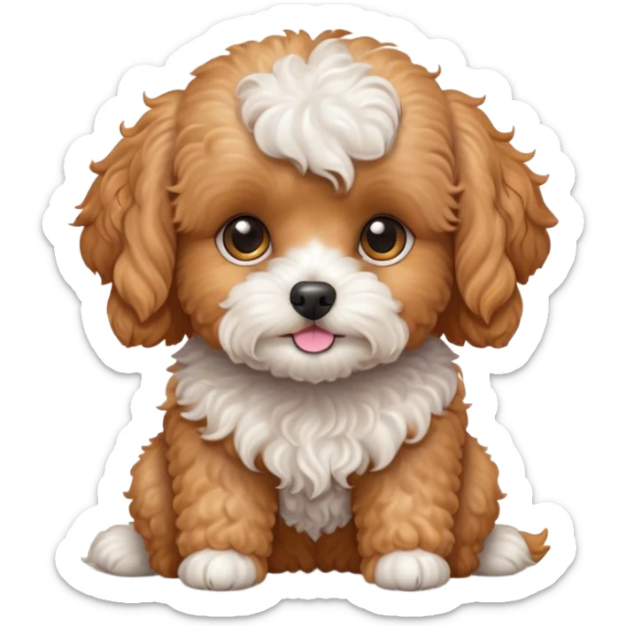 Cinematic Cute Apricot Cavoodle Portrait Emoji, Head tilted playfully and inquisitively, with a fluffy curly apricot coat adorned with subtle white patches, round, sparkling brown eyes filled with curiosity, Simplified yet irresistibly adorable features, highly detailed, glowing with a warm, friendly glow, high shine, affectionate and lively, stylized with a touch of whimsy, bright and endearing, soft glowing outline, capturing the essence of a mischievous yet loving companion, so playful it feels like it could bound out of the screen and into your arms! sticker
