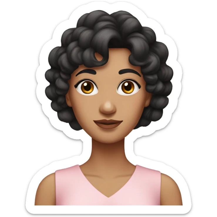 White woman with long black curly hair and bangs and dark brown eyes, wearing a pastel pink dress sticker