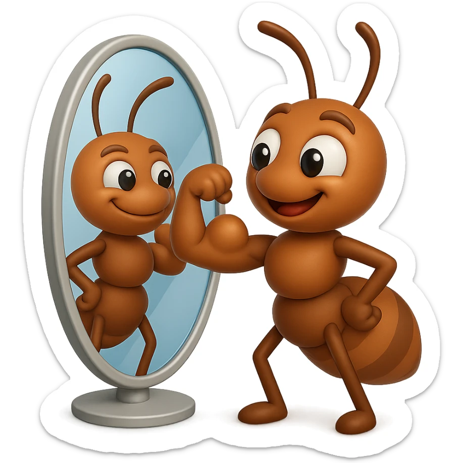 EMOJI STILE IPHONE 3D DI una formica che si guarda allo specchio felice e sicura di sè mentre contrae il suo bicipite muscoloso, fagli anche la parte bianca degli OCCHI, non solo la pupilla sticker