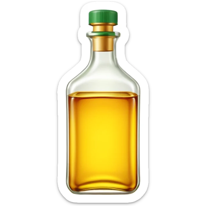 realistic frying oil bottle, transparent, golden yellow oil, simple clean design, curved or rectangular, green or yellow cap, no branding, no label, fluid glossy, warm amber, no pan food or faces, clean 3D, soft lighting, transparent background, emoji scale sticker