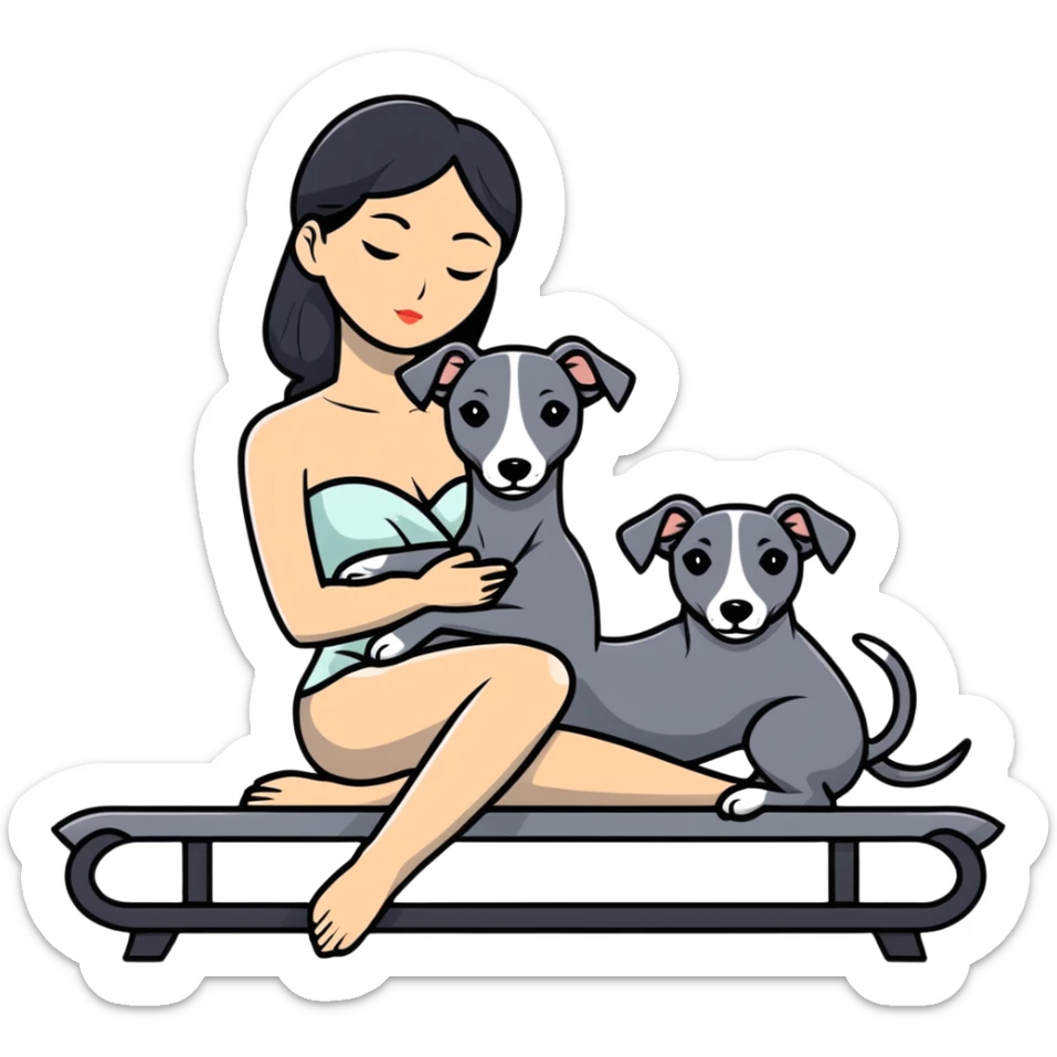 Very thin Chinese woman with long black hair relaxing on a spa lounger with exactly ONE whippet dog. CRITICAL REQUIREMENT: the whippet must be ONE SOLID VERY DARK CHARCOAL GREY (almost black-grey) COLOR from nose to tail with NO WHITE or LIGHT AREAS anywhere - NO white face, NO white muzzle, NO white chest, NO white paws, NO white tail tip - NOTHING BUT A SINGLE SHADE OF VERY DARK GREY throughout the entire animal sticker